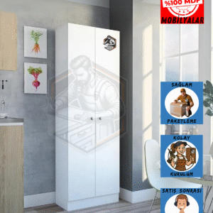 Tamamı MDF 2 Kapaklı 5 Raflı Beyaz Boy Kiler Dolabı / Erzak Dolabı
